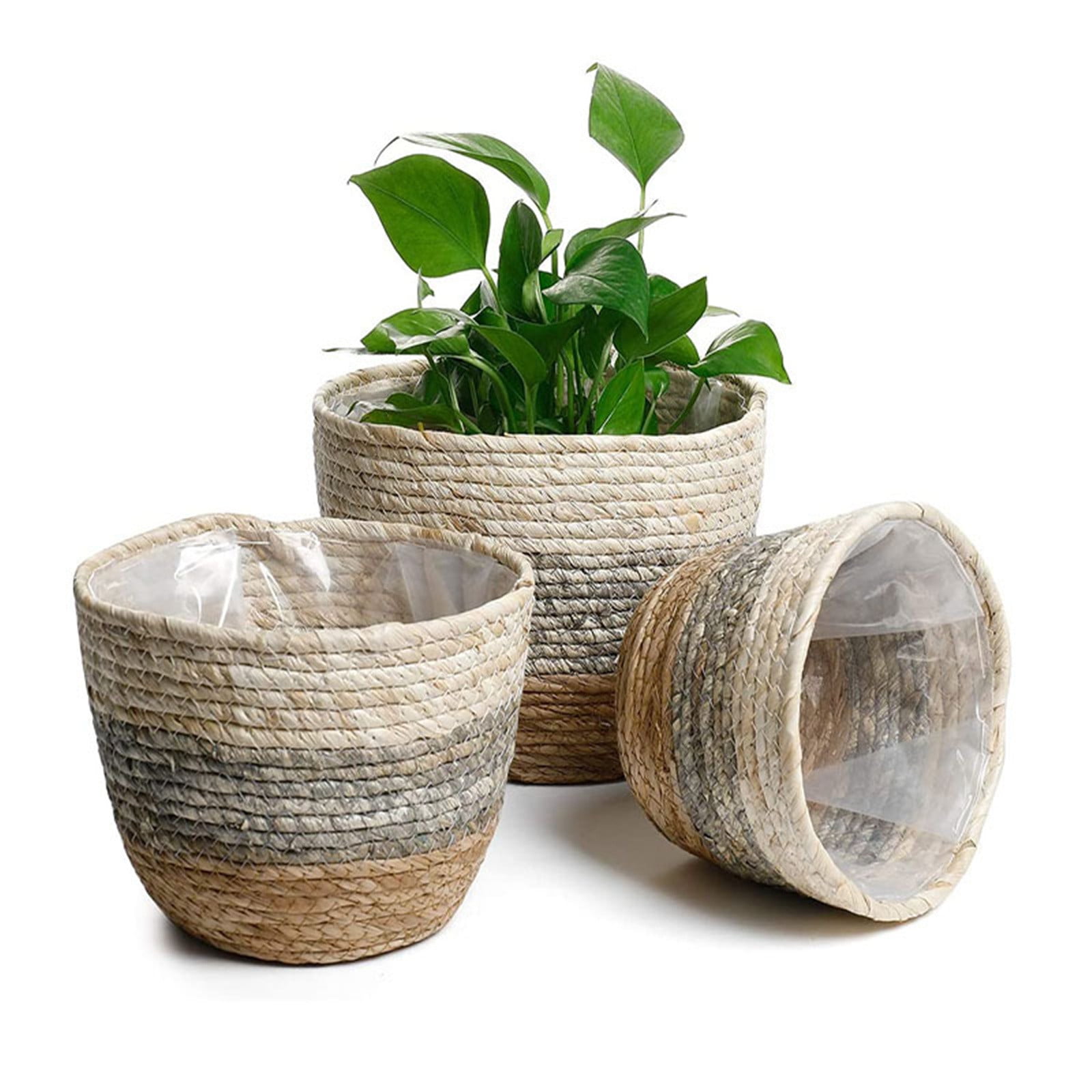 Woven Seagrass Plant Basket, Flower Pots Home Boho Decor, Storage Picnic Grocery Straw Bag for Plant Artificial Tree - 5.5"×8.7"×6.3 C