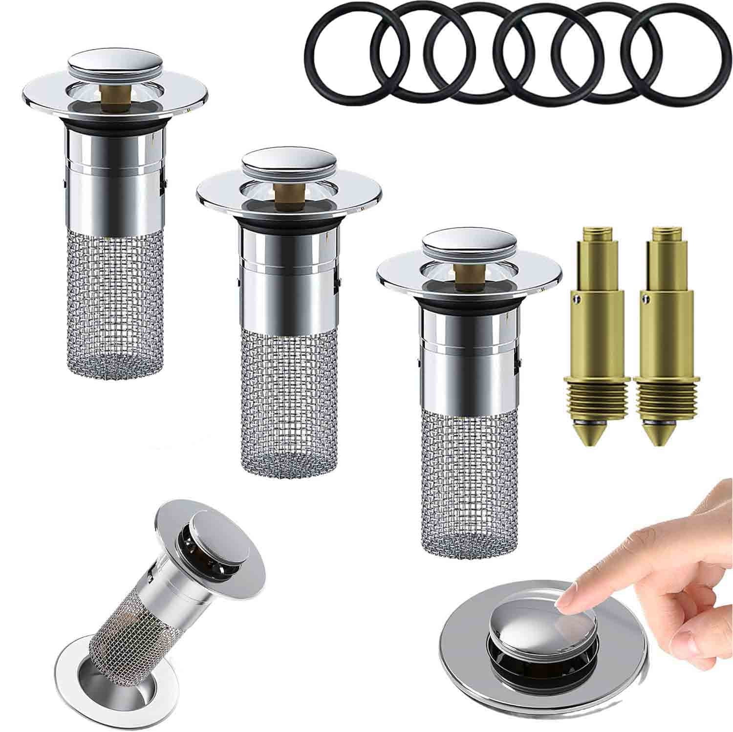 Universal Bathroom Sink Stopper, Basin Sink Drain Strainer, Bathroom Sink Plug with Stainless Steel Hair Catcher on 3 pc Silver