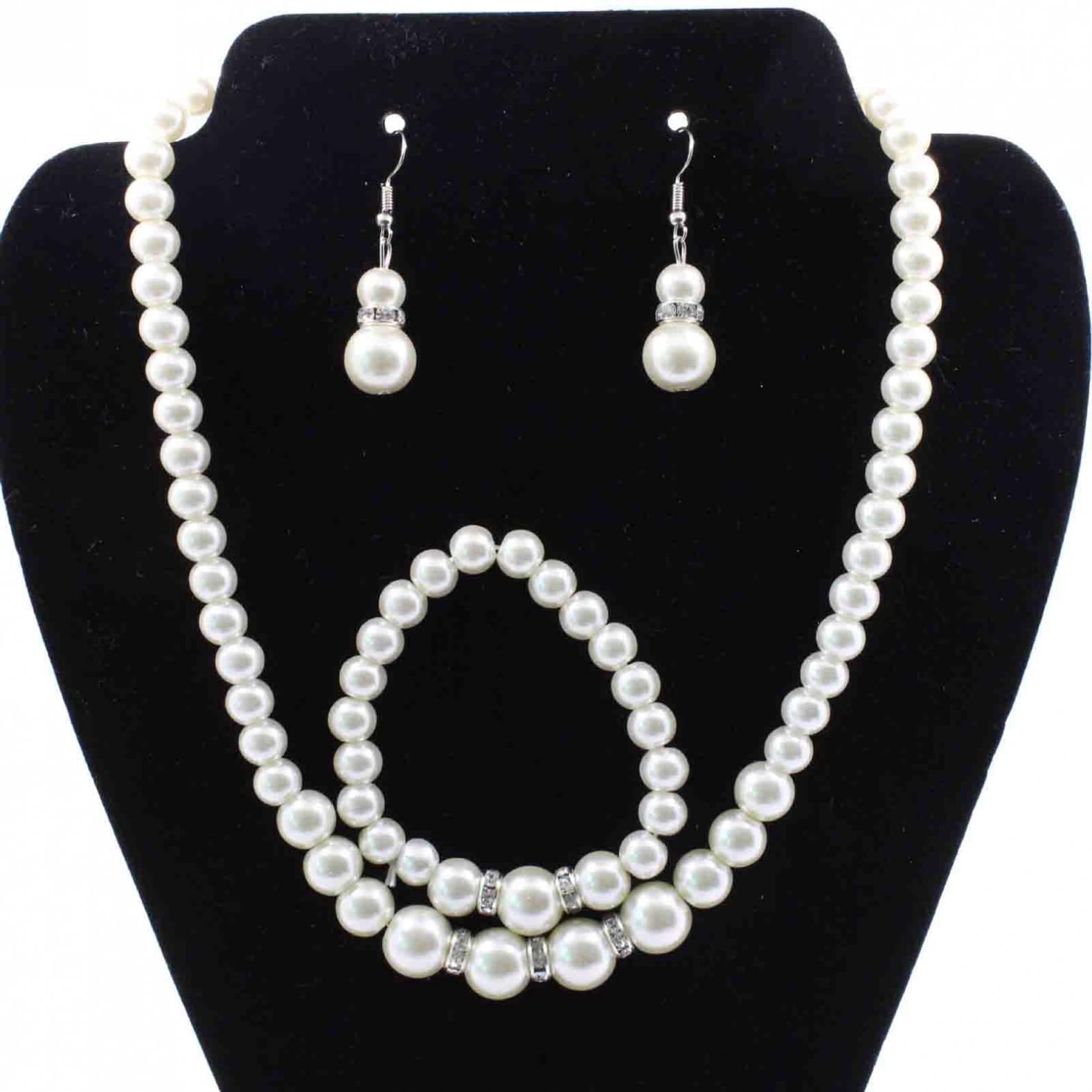 Bouanq Pearl Necklace and Earring Set Simulated Shell Pearls Round White Silver Pearl Stud Earrings Bracelets Wedding Jewelry Sets for Bride Bridesmaid Women Necklaces for Women Multicolor