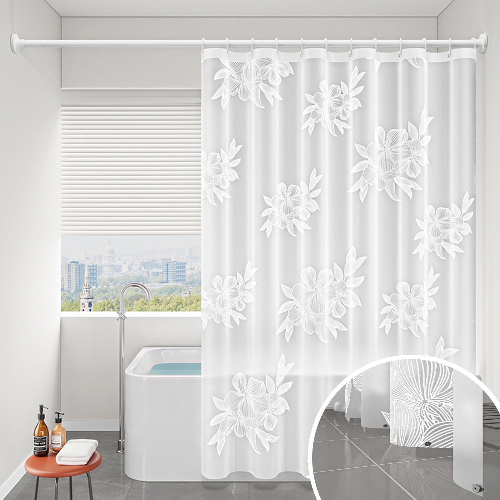 EVA Bathroom Shower Curtain Frosted Floral Waterproof Shower Curtain Line Lightweight Plastic Bathroom Shower Curtain with Weighted Magnets for Shower Stall Bathtubs 12 Hooks M A