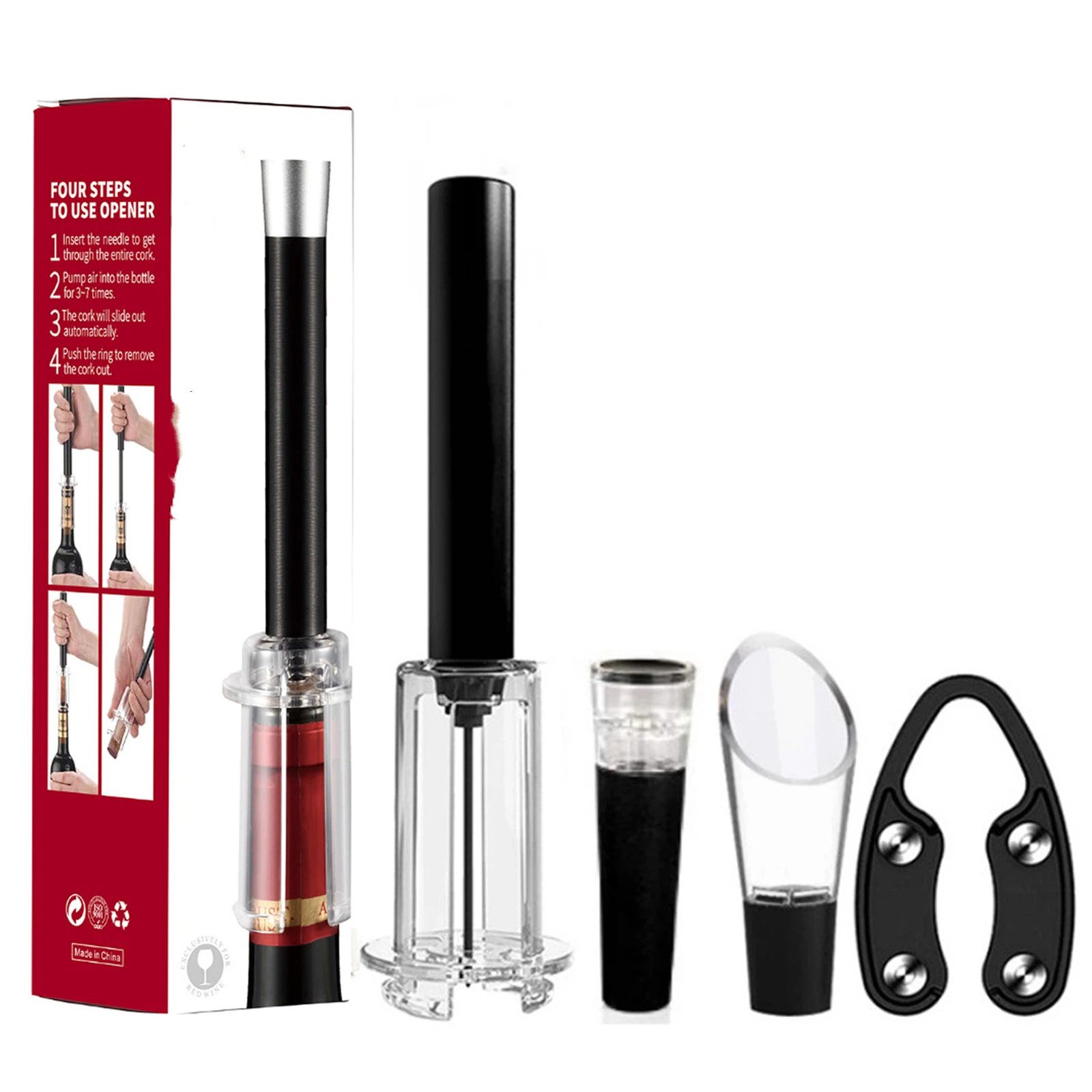 4 in 1 Wine Opening Set,Air Pressure Pump Wine Bottle Opener,Easy Cork Remover Corkscrew,Corkscrew Wine Opener Wine Opener Aluminum Alloy Handle(black)