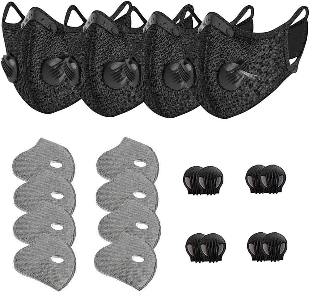4 Pack Unisex Adjustable Reusable Washable Dust Protect Mouth Cover with 8Carbon Filters and 8 Breathing Valves for Bicycle Running Riding Cycling Outdoor Sport Black