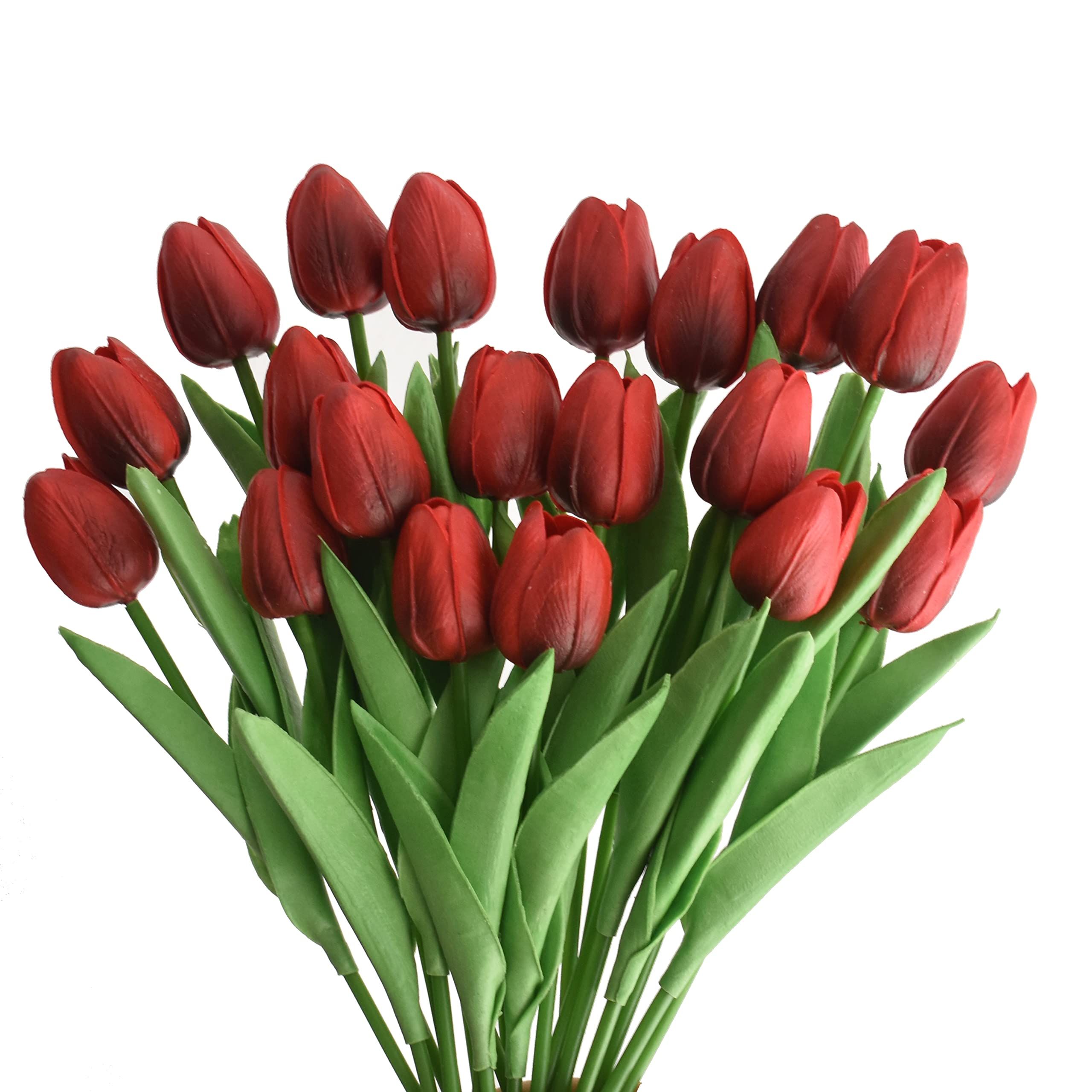 20pcs Artificial Tulips Flowers Fake Faux  Tulip Bouquet Real Touch Flower Arrangement for Home Room Office Party Wedding Decoration Excellent Gift Idea for Mothers Day(red)
