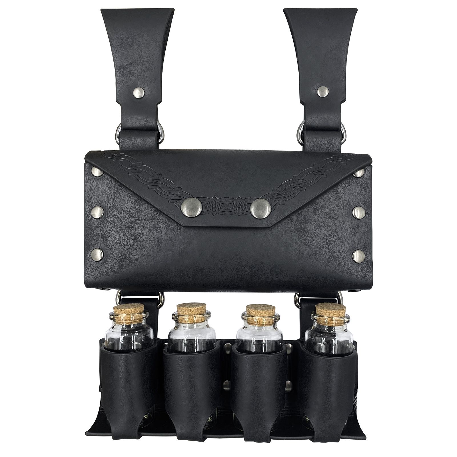 Medieval Alchemy Belt Bag with 4 Cork Potion Vials, Fantasy Wizard Waist Pouch Side Pack with Glass Vials Wizard Waist Pouch Side Pack(Black)