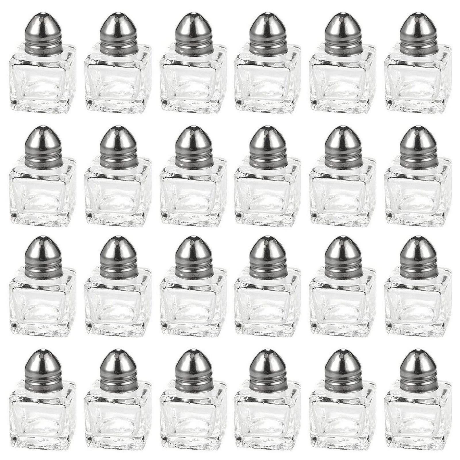 24 pack 1/2 oz Mini Salt Shakers Stainless Steel - Mini Square Glass Cube Salt and Pepper Shakers with Stainless Steel Top Individual Shakers for Restaurants or Weddings