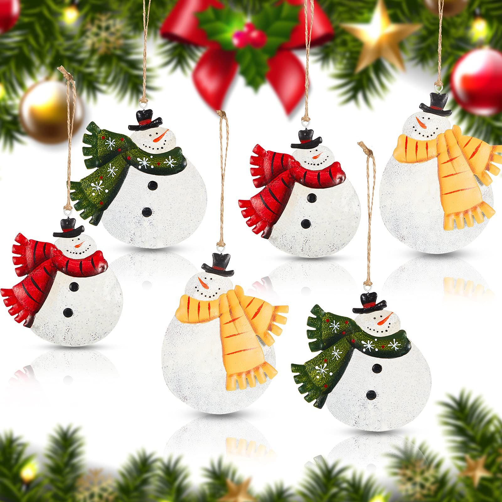 6 Pieces Rustic Metal Snowmen Ornament Christmas Hanging Ornament Vintage Retro Christmas Tree Snowman Decoration Farmhouse Snowman Doll Hanging （10*9cm)