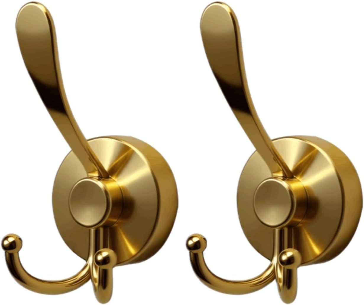 2pcs Cup Hooks for Shower,Bathroom - Heavy Duty, Removable,Waterproof, No Drill Holds Towels, Robes, Wreath on Glass, Tile, Mirror, Door（Golden）double-headed