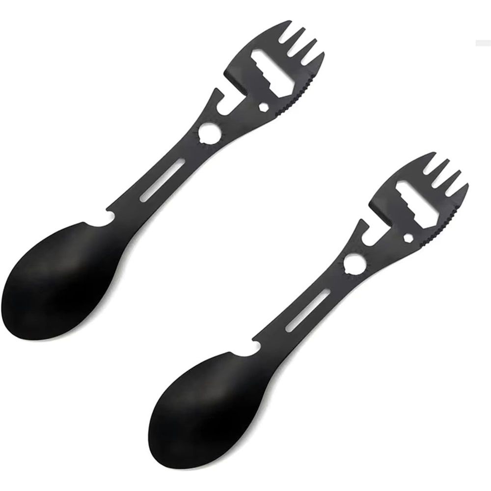 4 pack Multifunctional Outdoor Fork Spoon Detachable Tableware,10-in-1 Utility Tactical Spork, Stainless Steel Spoon & Bottle Opener, Fork & Knife, Combo Camping Utensil for Hiking(Black)
