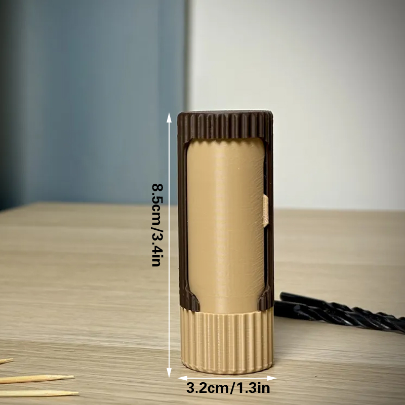 3D-printed compact rotating organizer capsule, 1.3 inches long x 3.4 inches high.