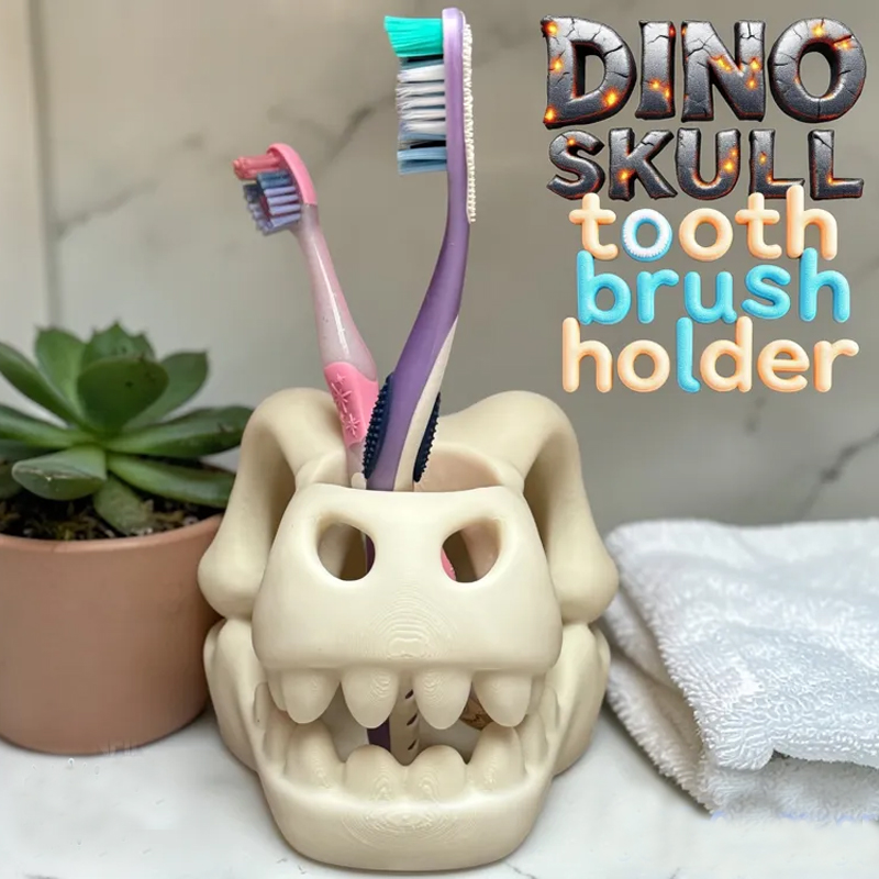 3D-printed dinosaur skull toothbrush holder, white