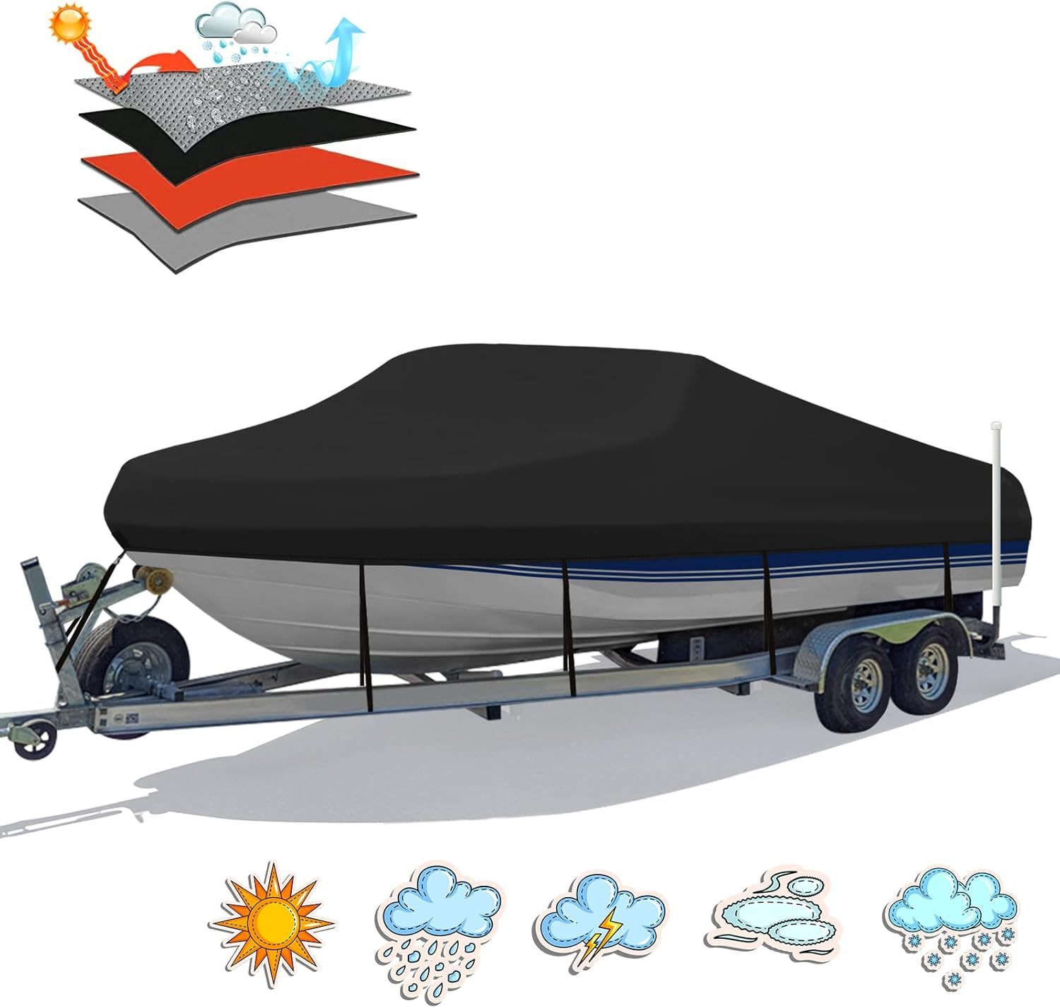 Trailerable Boat Cover – 600DHeavy Duty Waterproof Tarp with Storage Bag, Designed for V-Hull, Fish & Ski, Runabout, Bass & Fishing Boats,14-16FTSilver