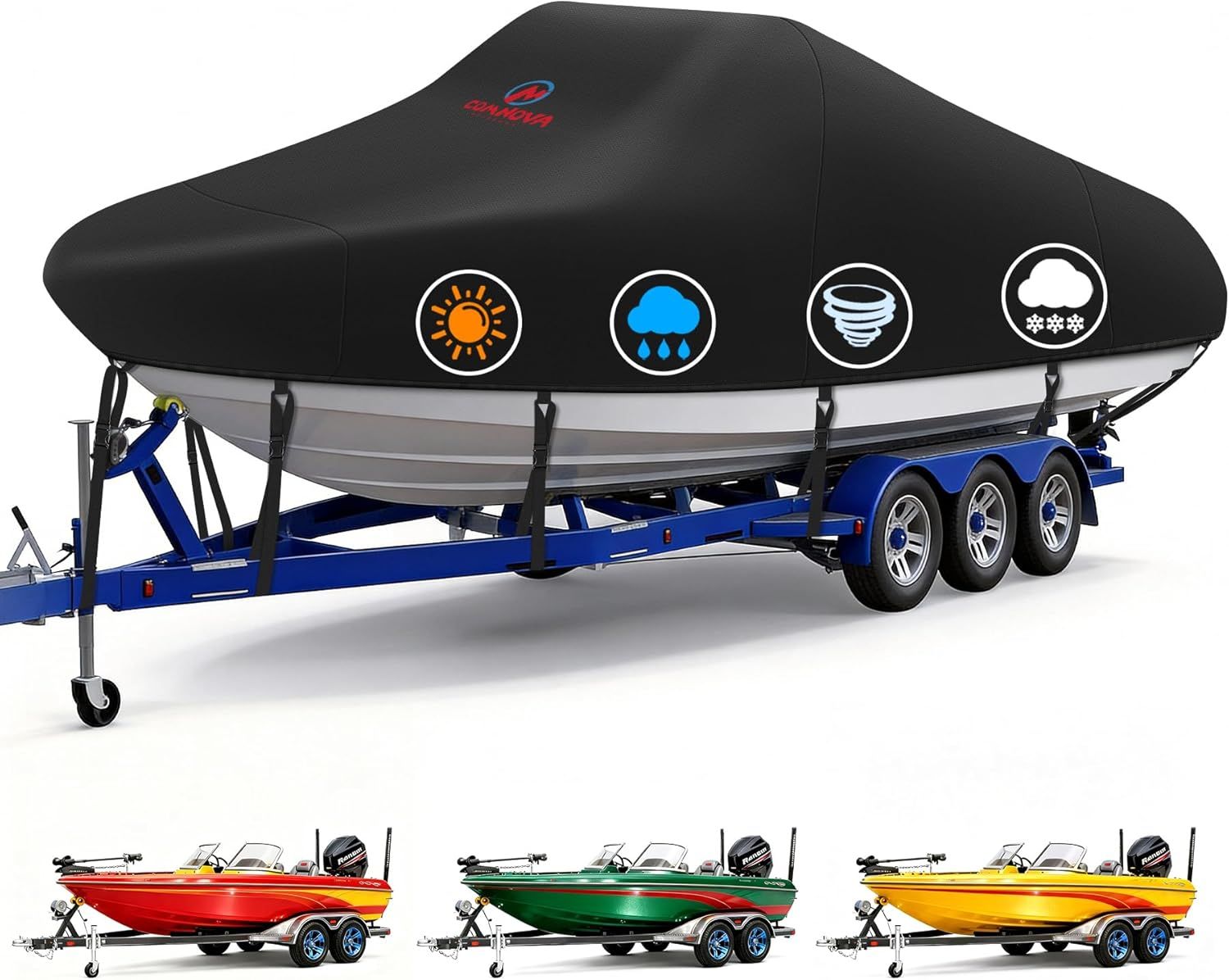 Trailerable Boat Cover – 600DHeavy Duty Waterproof Tarp with Storage Bag, Designed for V-Hull, Fish & Ski, Runabout, Bass & Fishing Boats,23-25FTSilver