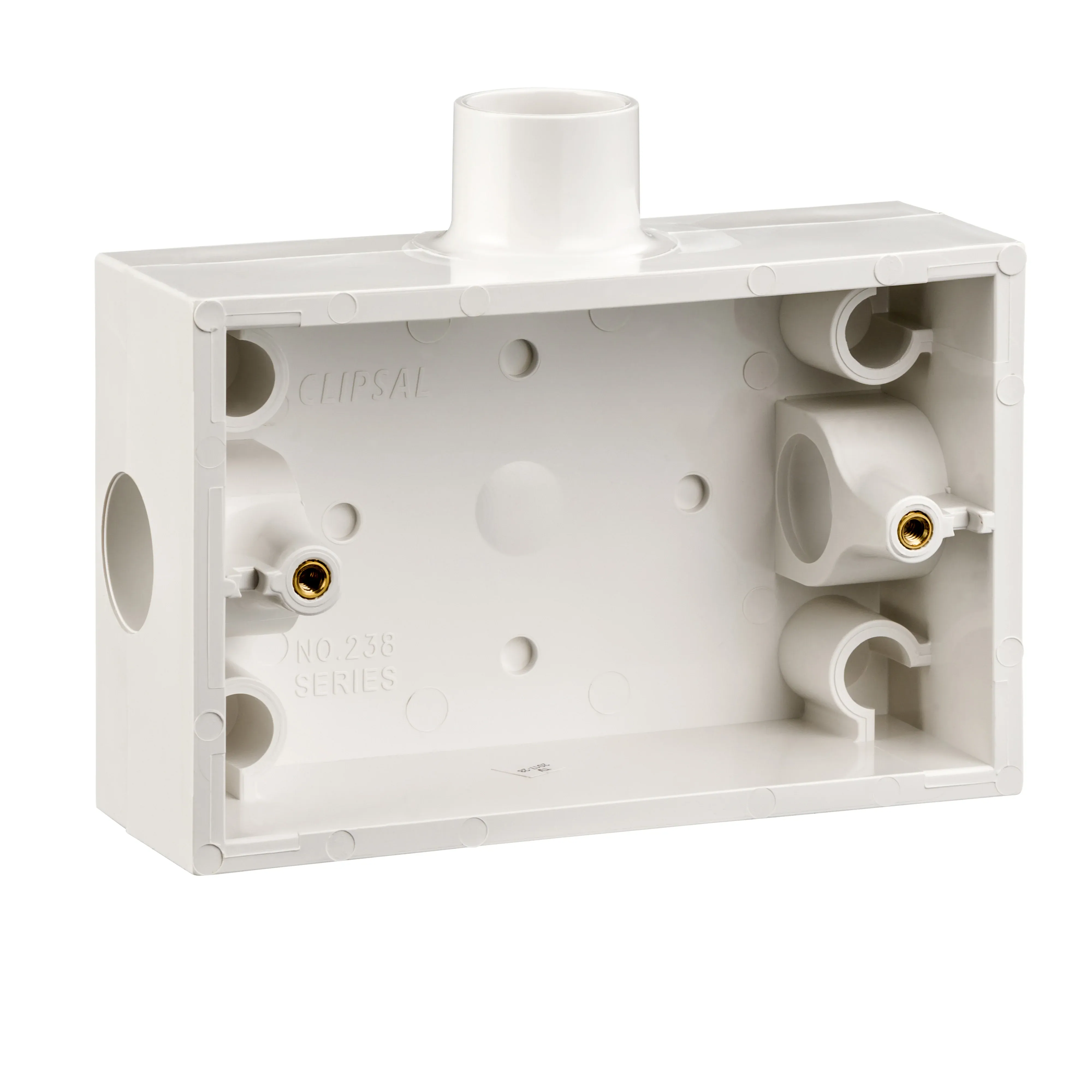 Clipsal Surface Mounting Box PVC 1 Gang 2x20mm End + 1x20mm Spout White 238A-WE