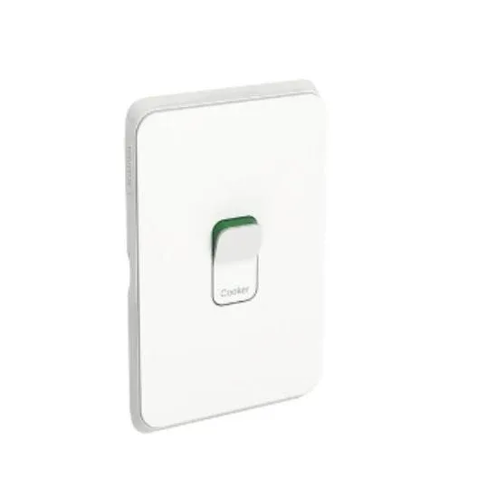 Clipsal Iconic Cooker Switch Rocker Flush Mount Standard 1 Gang 45A 250V 1 Pole 1 Way Vertical Vivid White | 3041/45VW
