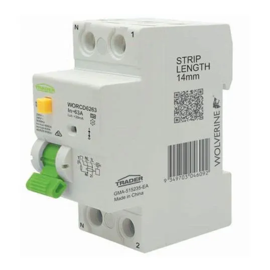 RCD 6kA 2 Pole 63 Amp 230 240V 30mA Type A 2 Module | WORCD6263