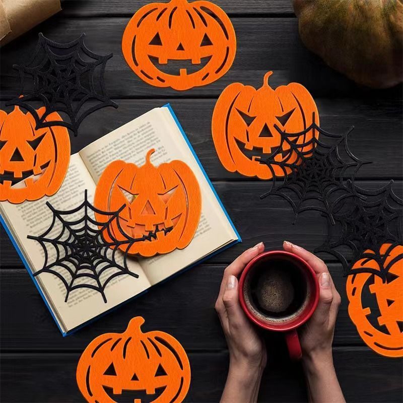 6pk Mixed Pumpkin & Spider Web Halloween Felt Coasters