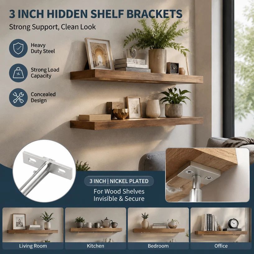 3" Nickel Hidden T Shelf Bracket 2Pcs w/ 5x60&5x80 Screws