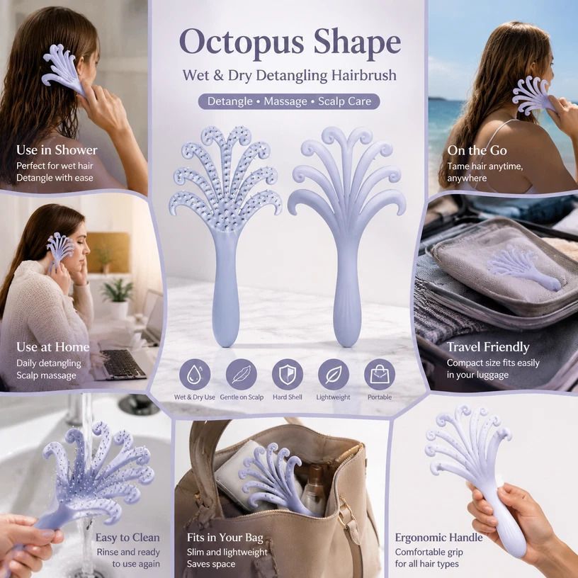Light Purple Octopus Scalp Massage Brush Gentle Volumising Wet & Dry 1Pcs