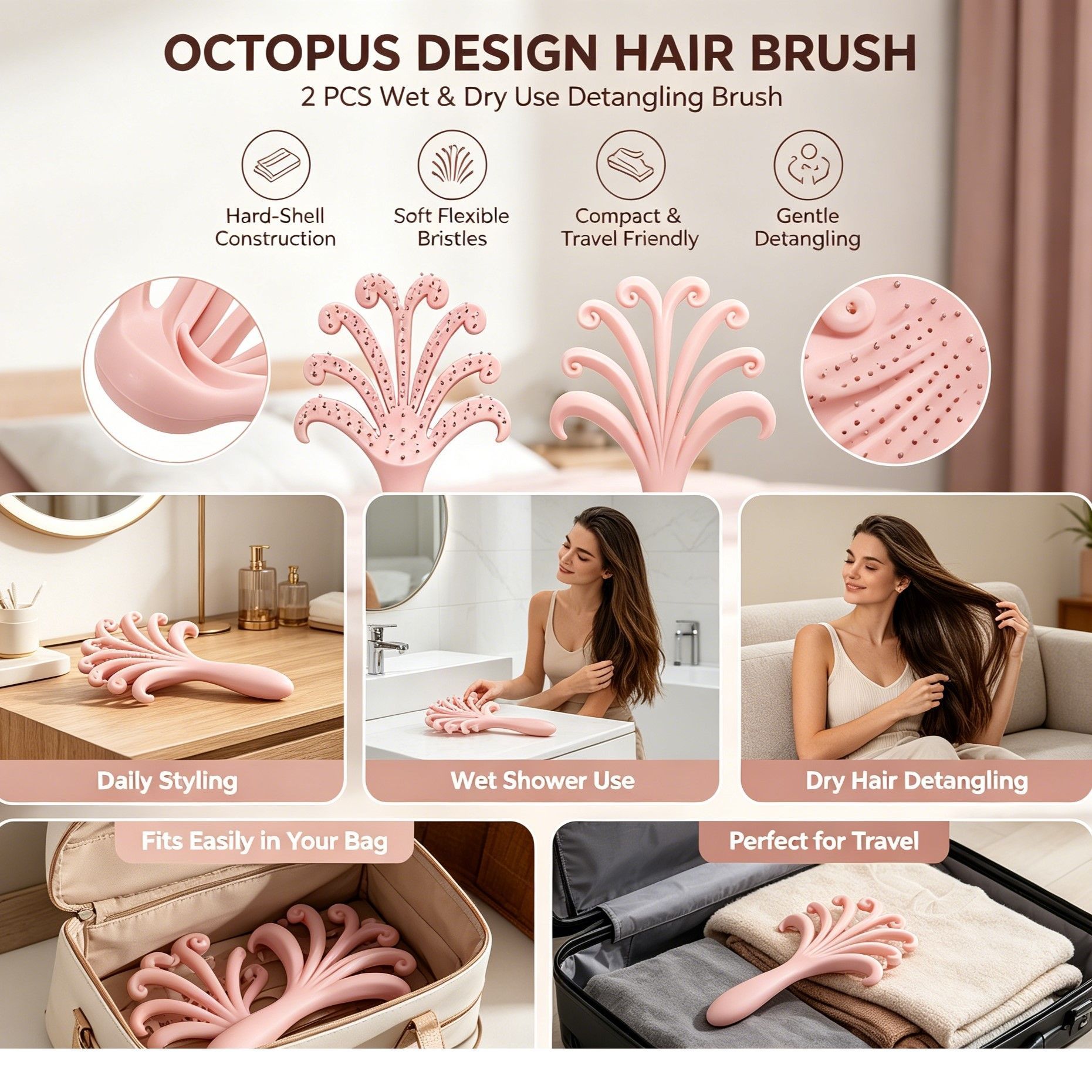 Light Pink Octopus Scalp Massage Brush Gentle Volumising Wet & Dry 2Pcs