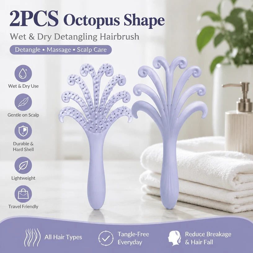 Light Purple Octopus Scalp Massage Brush Gentle Volumising Wet & Dry 2Pcs