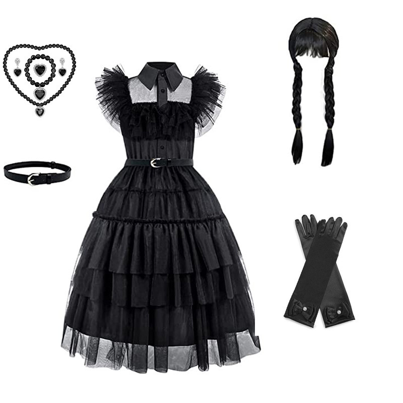 Girl's dress cosplay Wednesday Brigitte princess dress lace details puff sleeves children Wednesday 9pcs 160