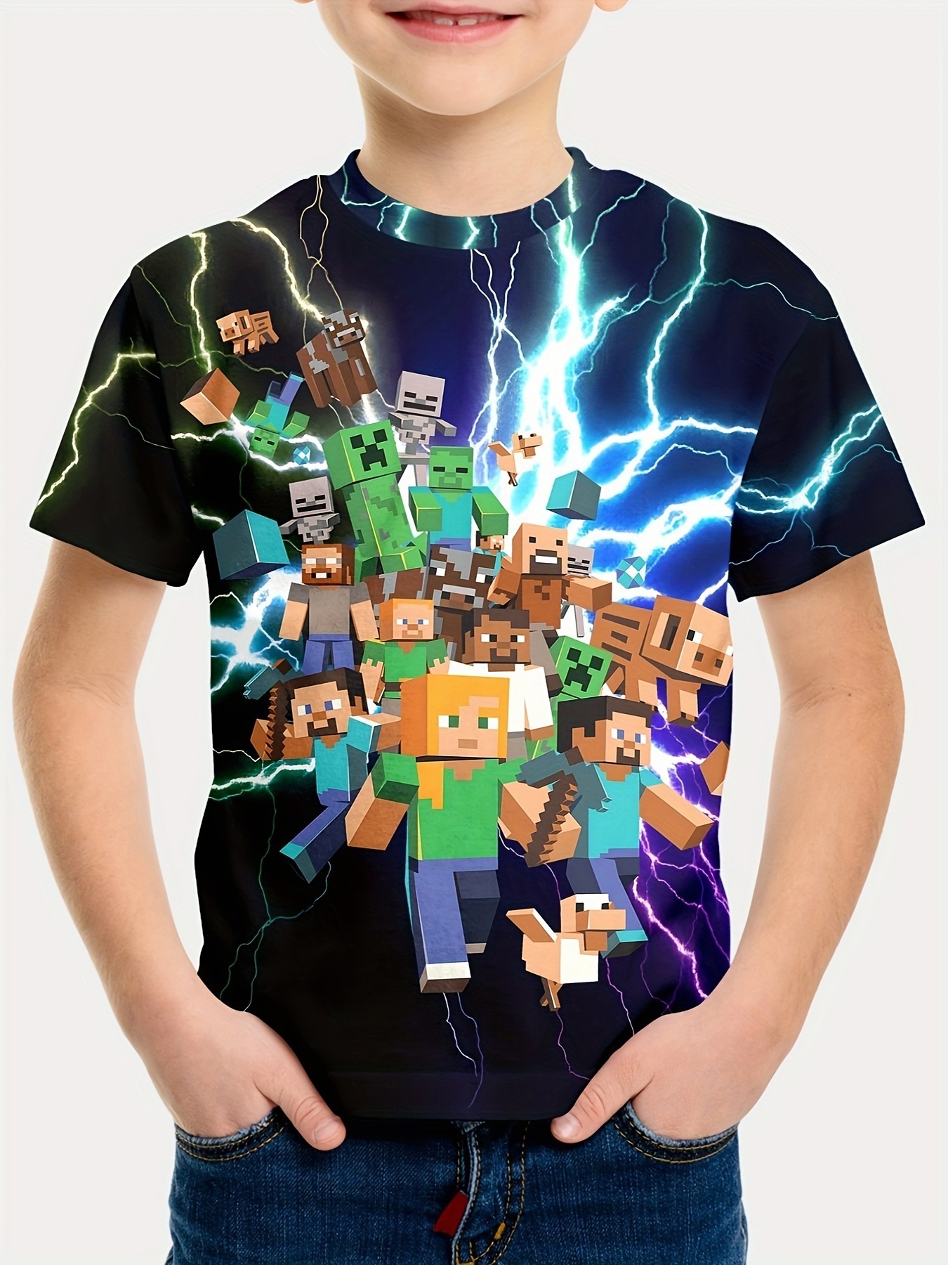 Minecraft T-shirt for boys and girls, cute pattern design, cartoon print, round neck, funny short sleeve top, casual spring summer children G 140cm