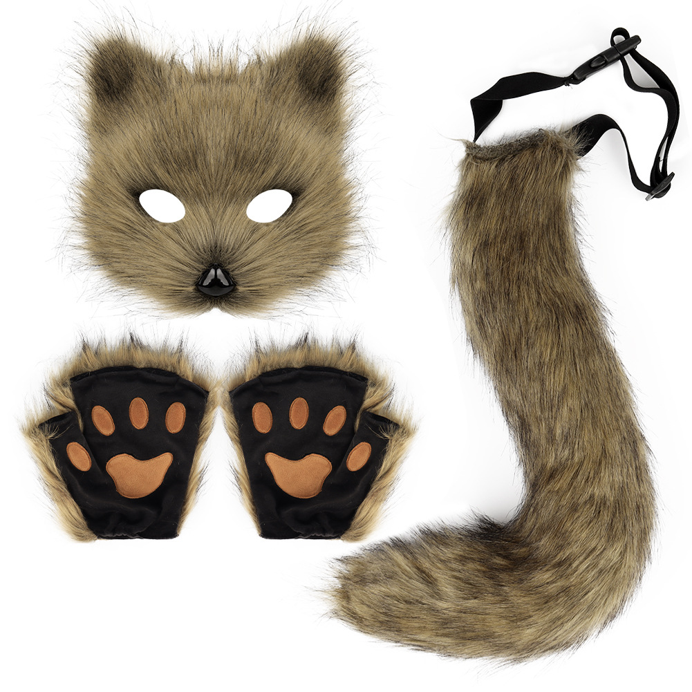 Artificial Fur Fox Tail Cat Werewolf Cosplay Costume Set Plush Mask Fluffy Paws Gloves Halloween Christmas Grass yellow One Size