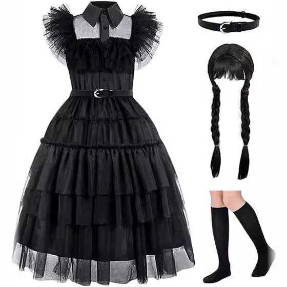 Girl's dress cosplay Wednesday Brigitte princess dress lace details puff sleeves children Wednesday 4pcs 140