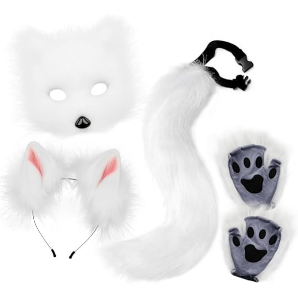 Plush mask with fox tail and ears set, cat tail fox costume cosplay costume with cat ears and paw gloves halloween cosplay white white