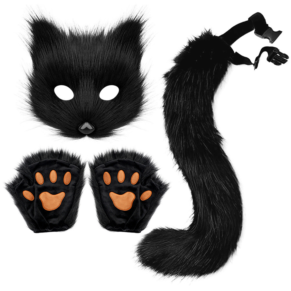 Therian Paws Fur Mask & Tail Set Girly Cat Mask Halloween Party Costume Black