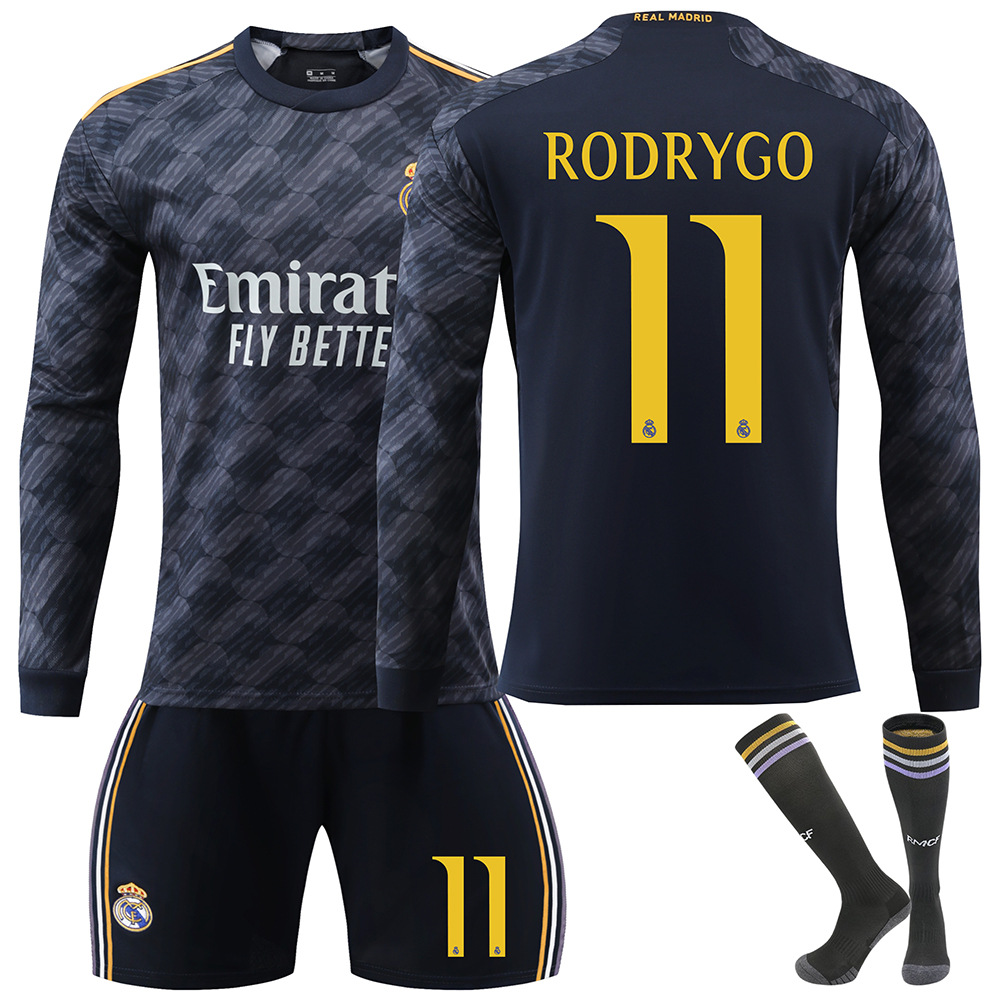 Madrid Bellingham #5 2023/2024 RM Long Sleeve Autumn/Winter Away Kit Kids Football Shirt/Shorts/Socks Set Youth Kids Sizes 22