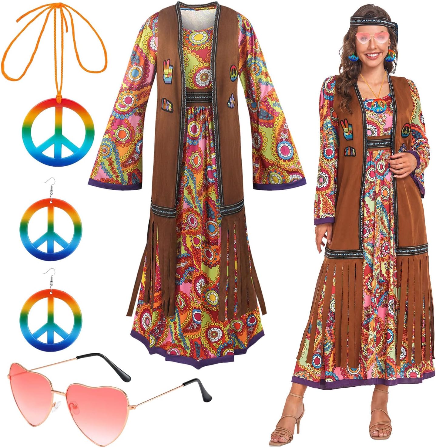 60s costume women, hippie women's dress set, 70s disco halloween outfits, hippie clothing women's costume, 60s clothing accessories L