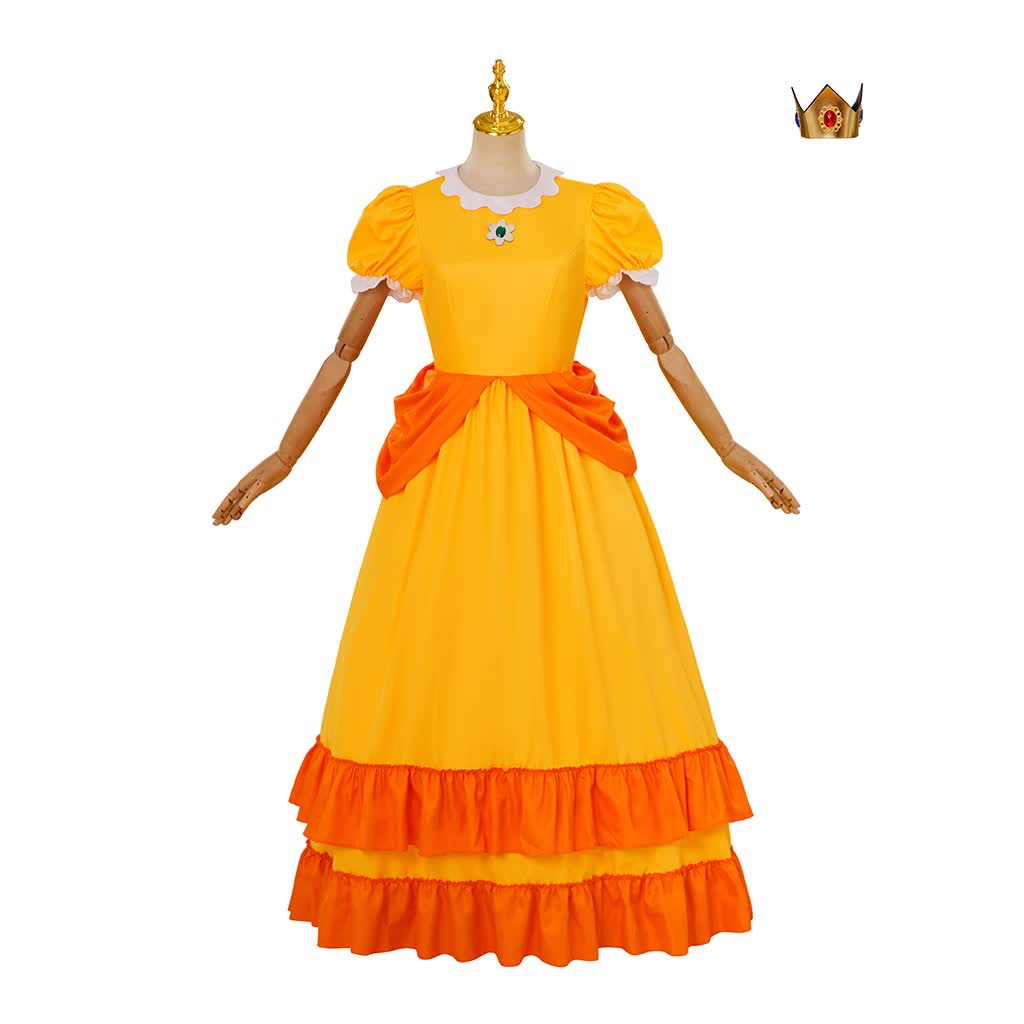 Daisy Cosplay Dress Rosalina Costume Halloween Carnival Cosplay Princess Dress with Crown Birthday Party Stage Wear with Headpiece XS XS Daisy