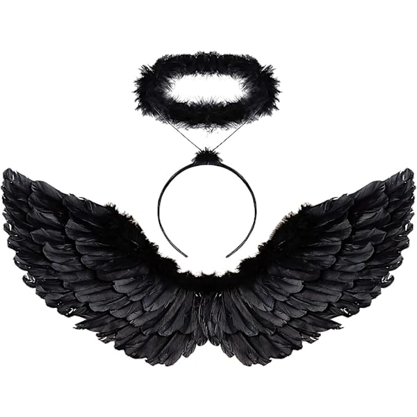Black wings and halo devil wings for kids black wing feather wings for Halloween