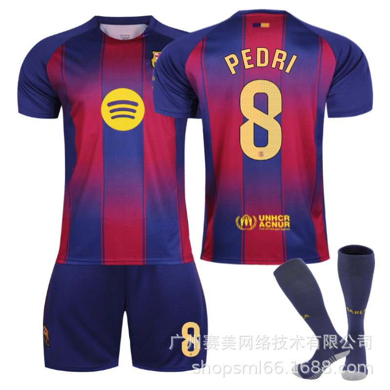 25-26 Barcelona home kids football uniform 6 Gavi 9 Lewandowski 19 Yamal 8 Pedri shirt Barcelona set Size 8 socks L