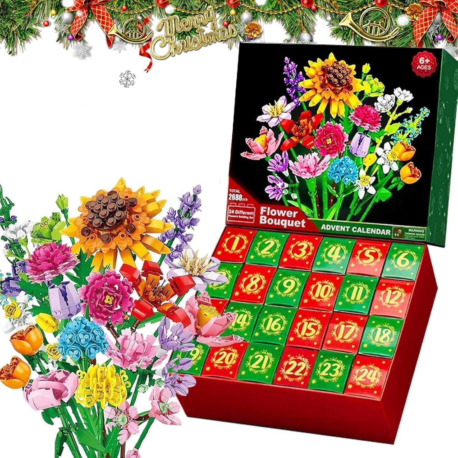 2025 Flower Bouquet Building Blocks Christmas Advent Calendar 2024, Christmas 24 Days Sunflower Bouquet Surprise Box Sunflower