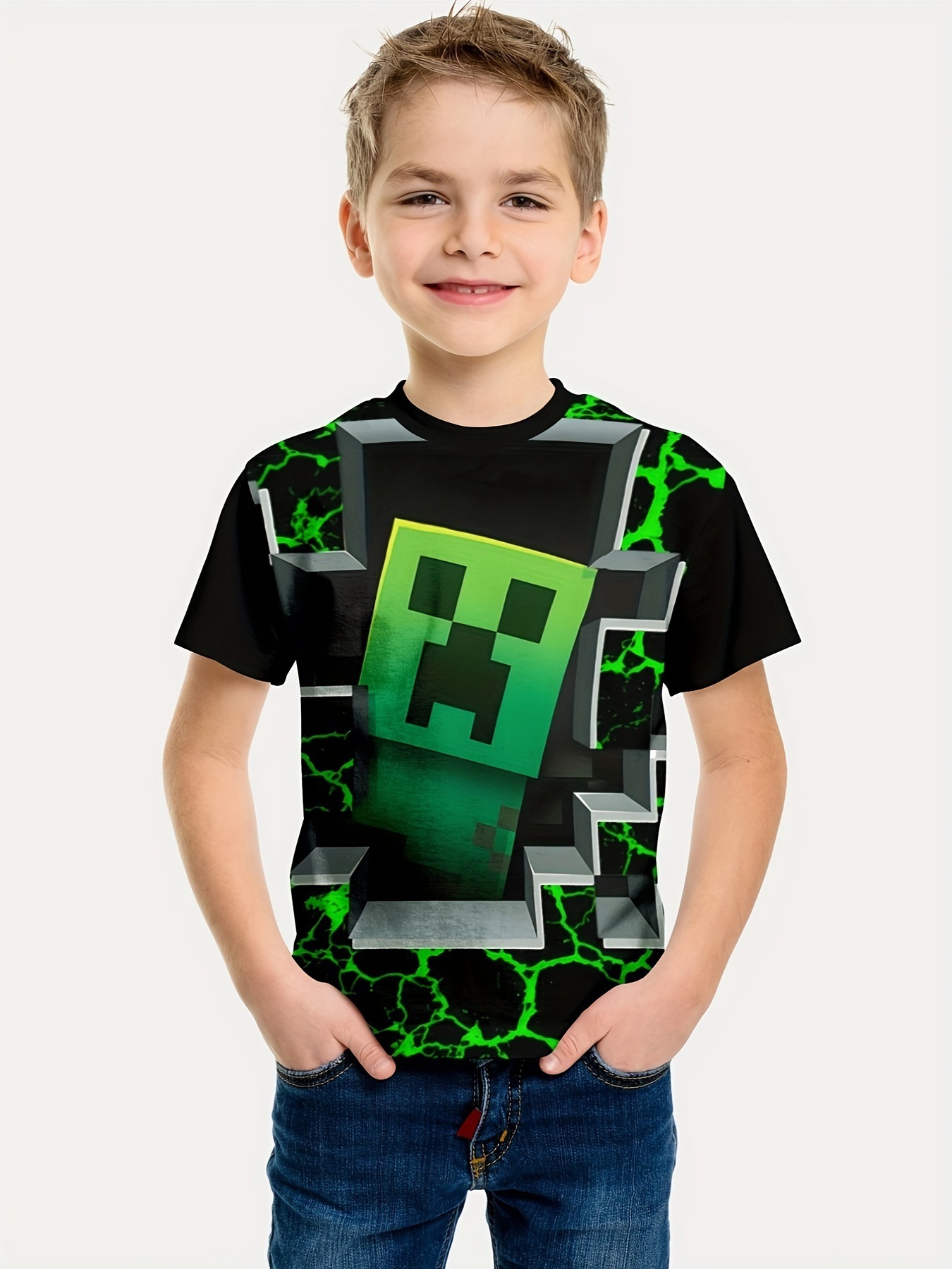 Minecraft T-shirt for boys and girls, cute pattern design, cartoon print, round neck, funny short sleeve top, casual spring summer children D 120cm