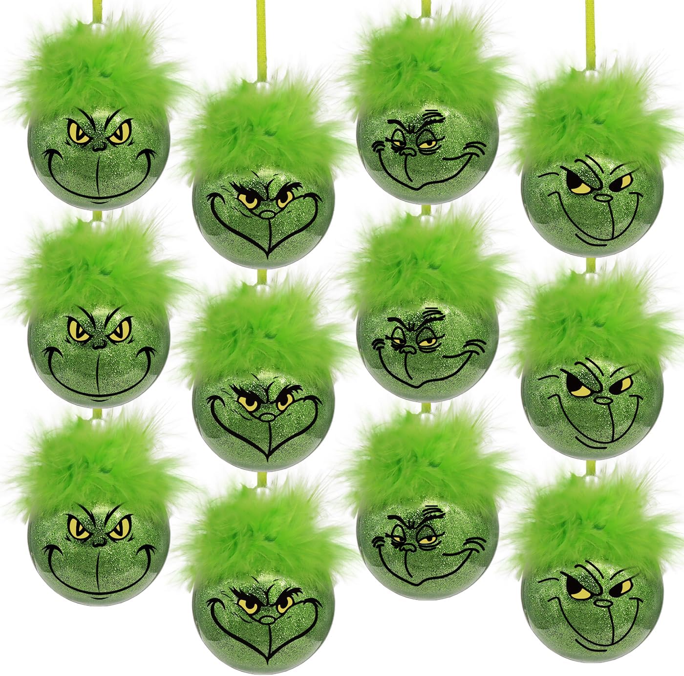 Christmas decorations for indoor use: 12 pcs cute Grinch Christmas tree baubles with fluffy green hair, glittering Grinch Christmas baubles for the Christmas tree-tfrf