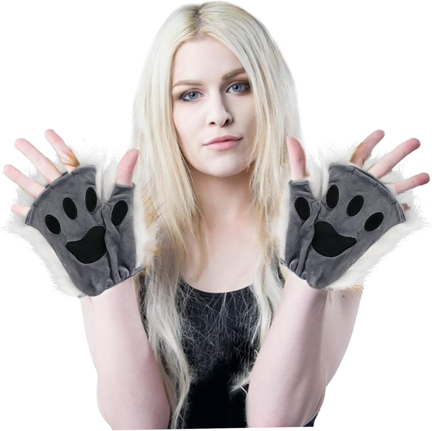 Therian Paws, Cat Paw 1 Pair Half Finger Therian Paws Cute Embroidered Fur Paws Decorative Realistic Paw Gloves for Kids Adults Cosplay Stage, Black Gray Gray