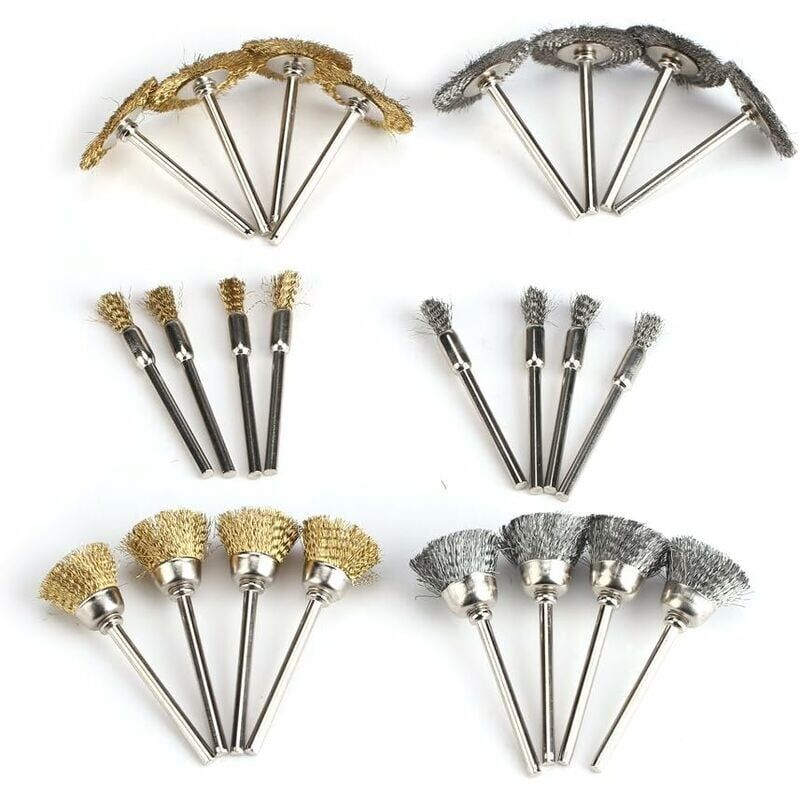 24 Pieces Wire Drill Brushes, Steel Brass Wheel and Cup Wire Polishing Brushes Complete Kit, Rotary Grinder Tools for Removing Rust Corrosion Paint