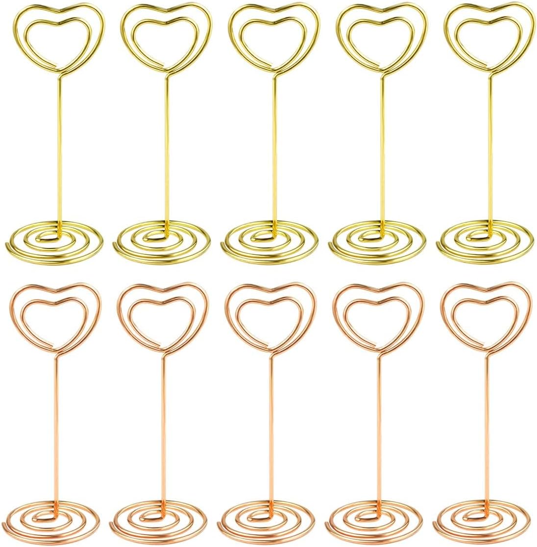 10 Pcs Heart Shaped Table Number Stand and Place Card Holder - Mini Wire Picture Photo Clips for Centerpieces, Wedding Party, Memo, Menu Stands (Gold + Rose Gold)