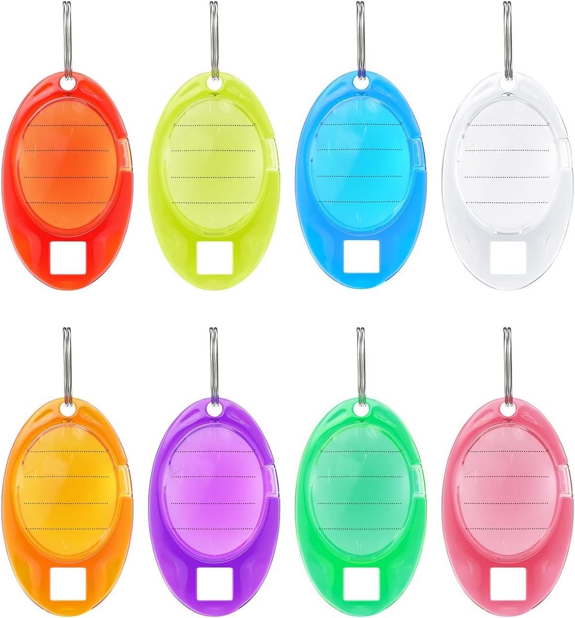 24 Pack Oval Key Tags Colorful Tough Plastic Key Chain Tags with Ruled Paper Labels Clear Windows and Split Rings Sturdy Item Identifiers, 8 Colors
