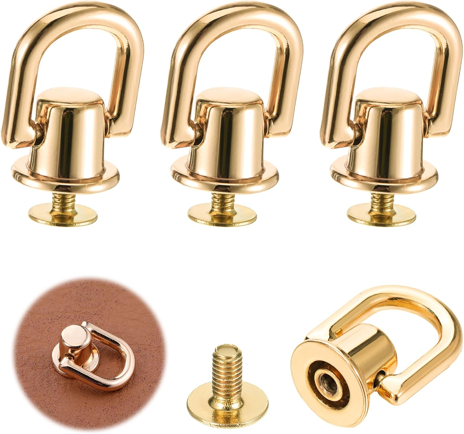 4 Pcs D Rings for Purse, Heavy Duty 360° Rotatable Metal Hardware, Stud Screw Ball Rivets with Punch Purse Making Supplies for Crossbody Conversion Kit DIY Handbag Leather Straps, Dog Collar (Gold)