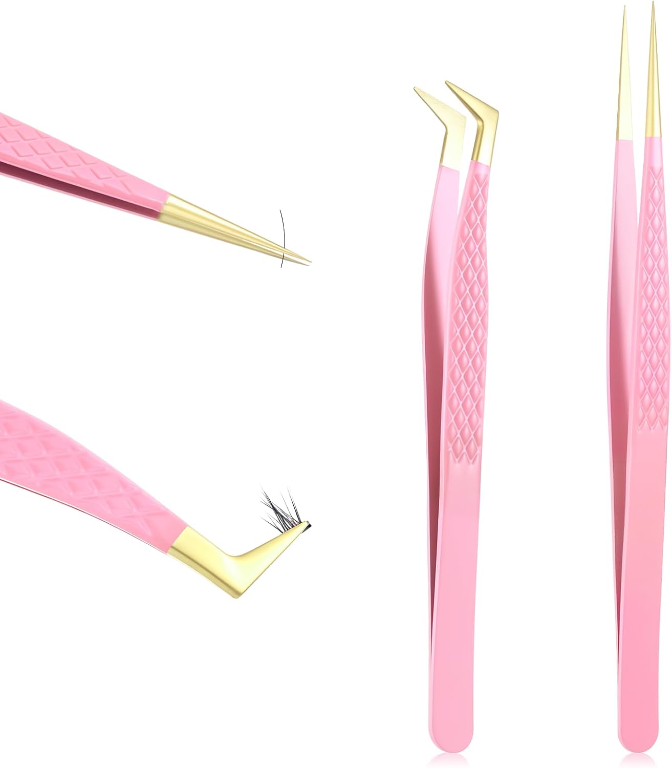 2 Pcs Professional Lash Tweezers Set, Eyelash Cluster Extension Tools Fiber Tip Women Lash Eyelash Eyebrow Tweezers with Bent and Straight Tips, Non-Slip Grip for Volume Classic Lashes (Pink)