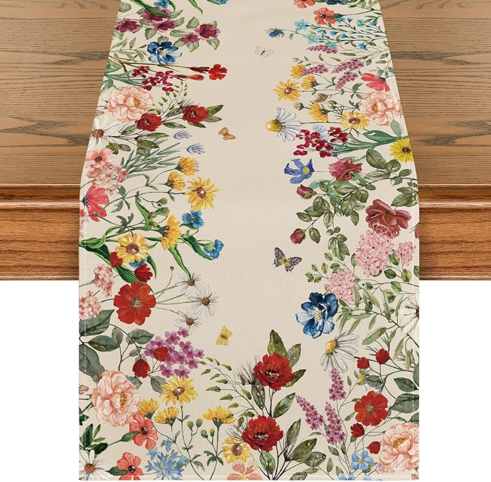 Plants Floral Butterfly Valentine's Day Table Runner, Anniversary Wedding Kitchen Dining Table Decoration for Home Party Decor 13x72 Inch