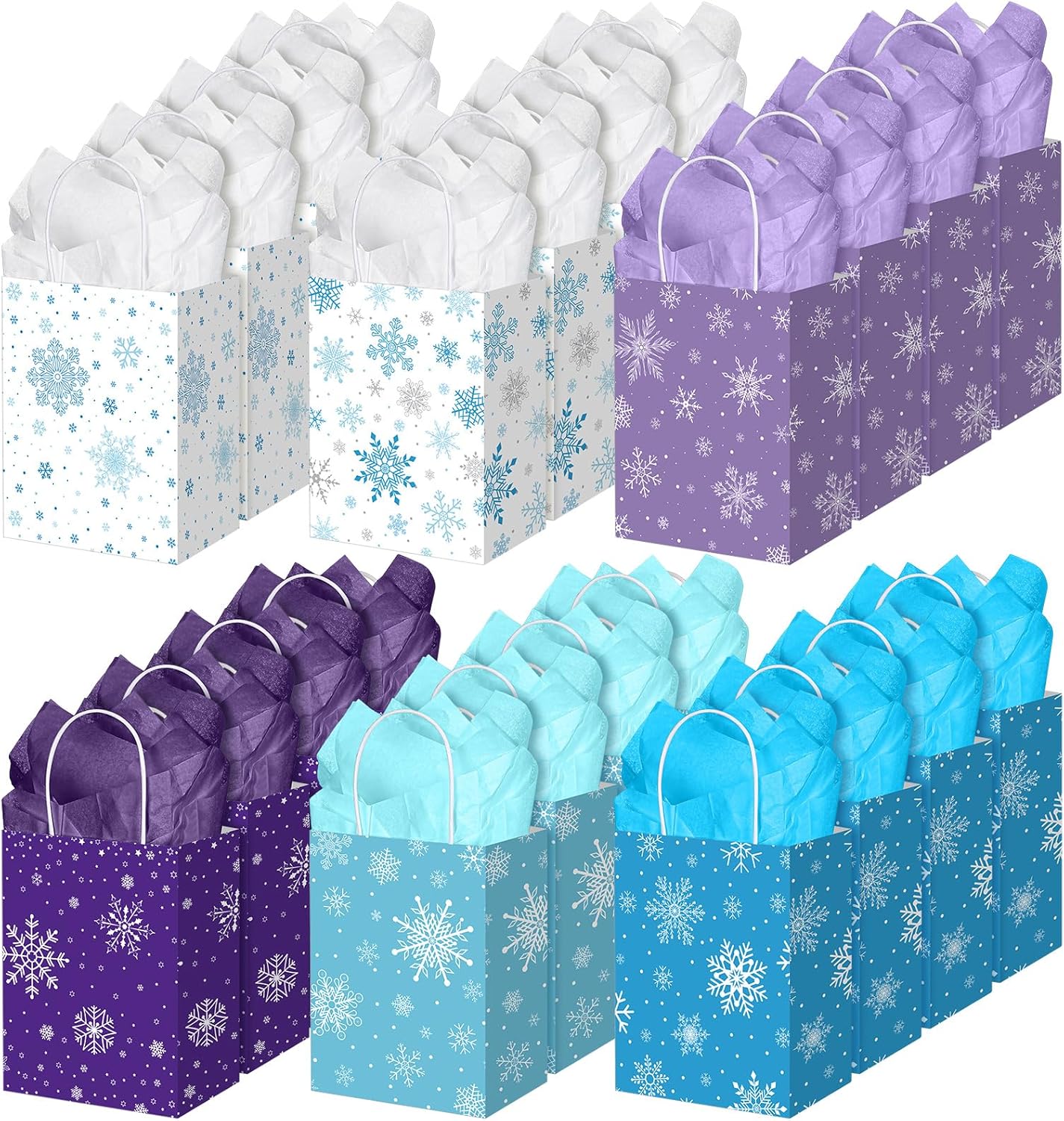 24 Pcs Winter Snowflakes Gift Bag with Tissue Paper 7 x 9 Inch Kraft Paper Goodie Bags with Handles 6 Styles Party Favor for Winter Wedding Birthday Gift Wrapping