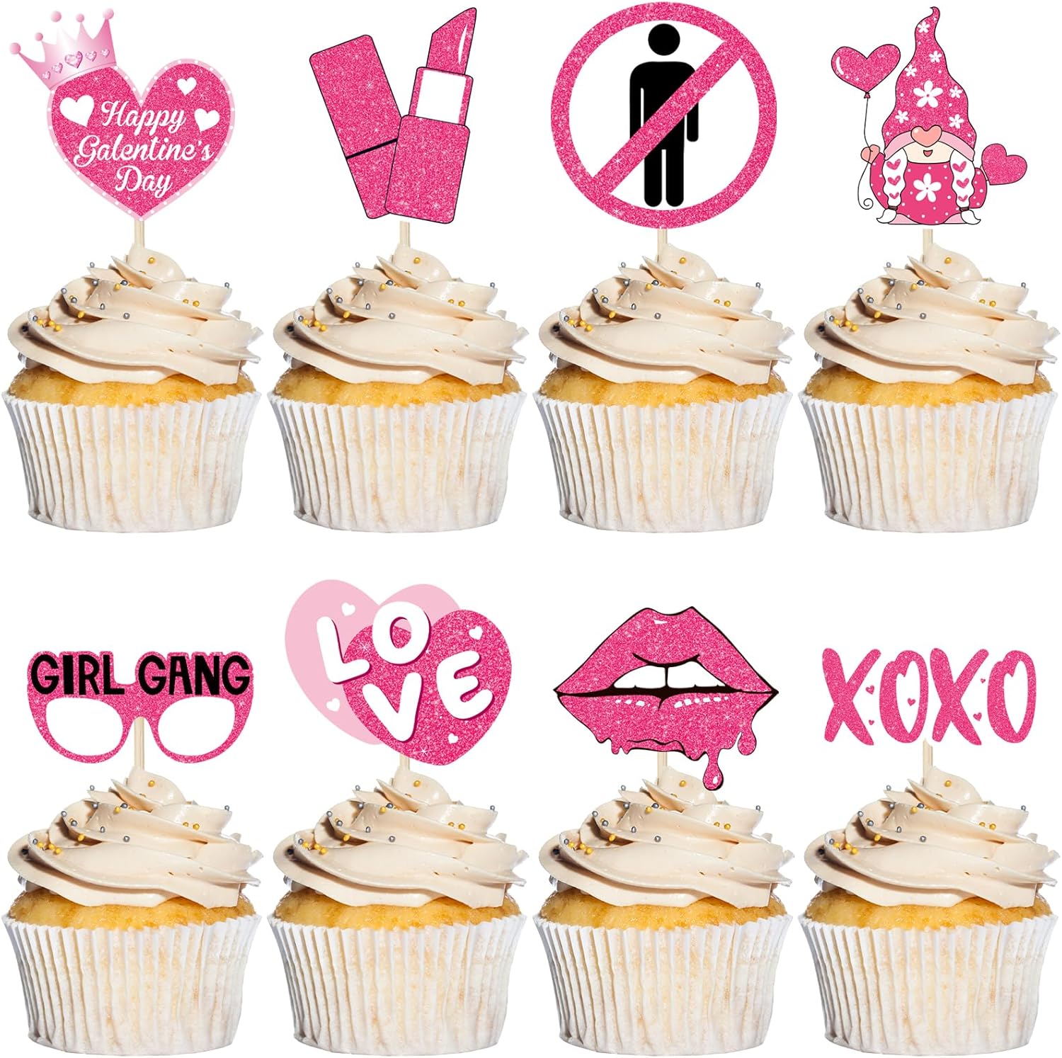 48 Pcs Happy Galentine's Day Cupcake Toppers Pink Galentines Decorations Valentine Cupcake Picks for Valentine's Day Theme Party Cake Birthday Supplies Friends