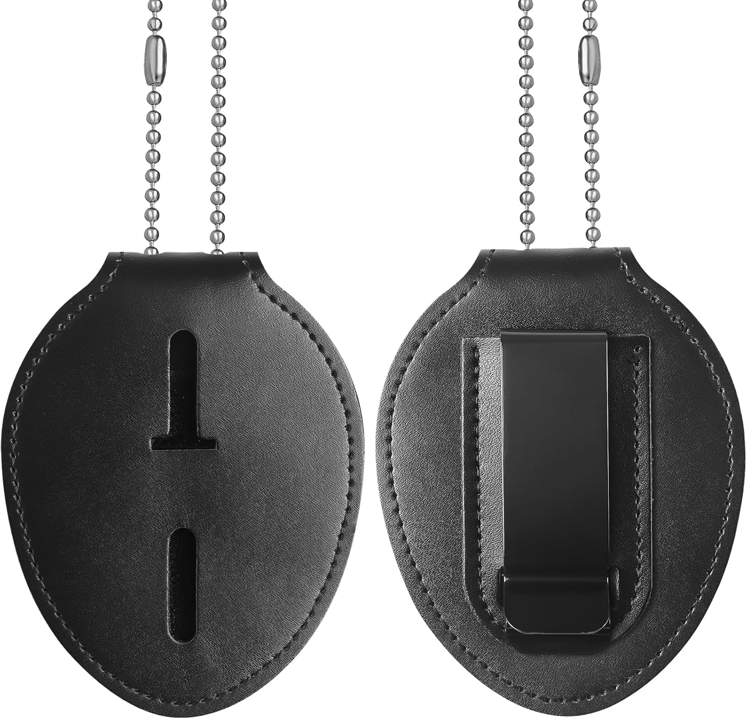 Police Badge Holder, Cowhide Law Enforcement Badge Holder with Metal Belt Clip & Stainless Steel Bead Chain, Universal Oval Leather, Hook and Loop Sheriff ID Carrier, Black