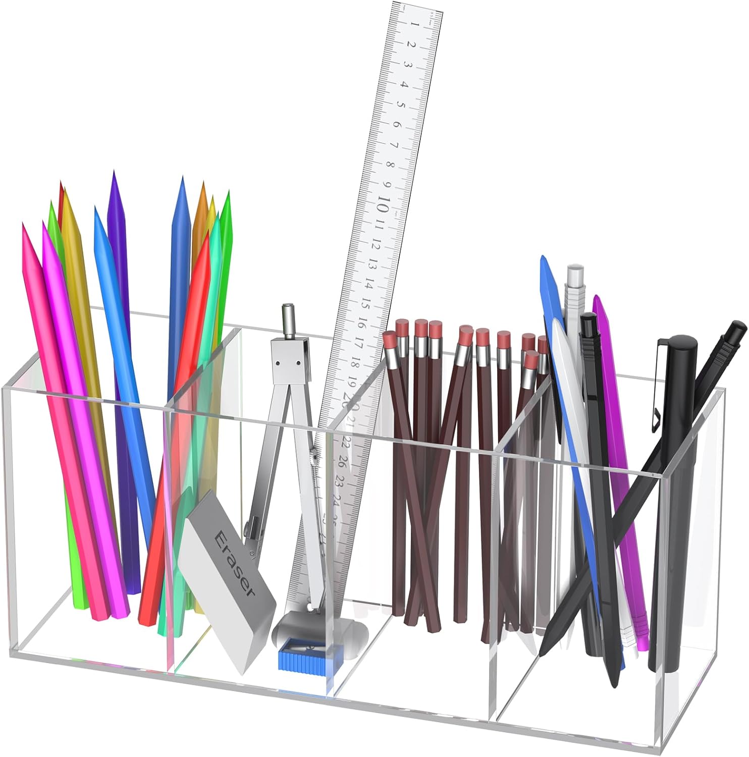 Clear Acrylic Pen Holder for Desk, Plastic Pencil Holder Pen Organizer with 4 Compartments, Desktop Stationery Organizer for Office Home School, Vertical Makeup Brush Holder, 9" x 3" x 4"