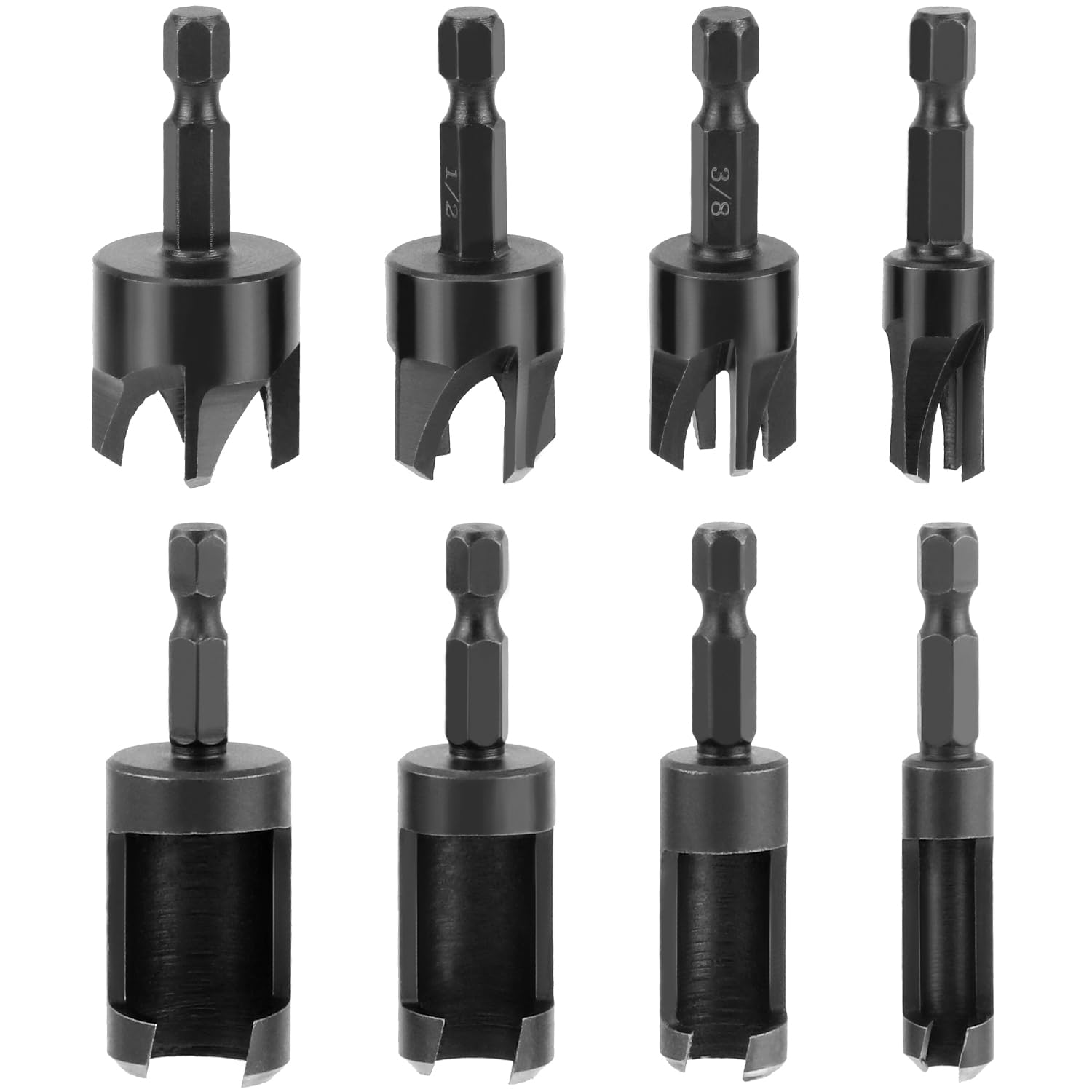 Wood Plug Cutter Drill Bit Set, 8Pcs, Includes 1/4", 5/16", 3/8", 1/2" Sizes, 1/4 Inch Hex Shank